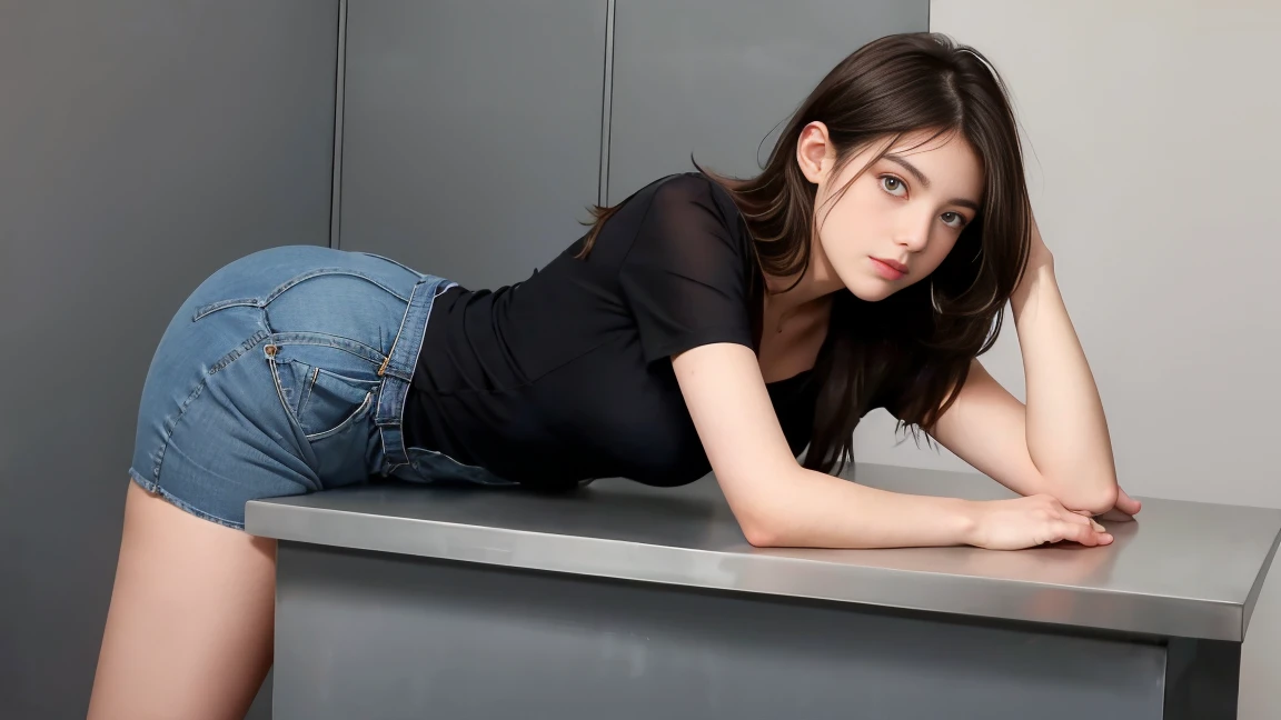 femme brunette de 18 ans sexy et mince , black short sleeve dress, salle de classe, se touche,position sey,sensuel,short en jean,