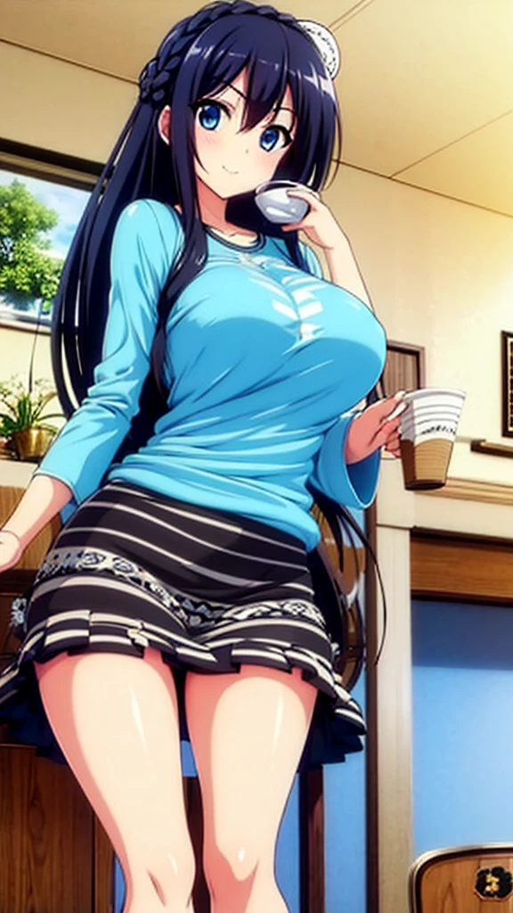 best quality, extremely detailed,anime style girl,long hair down to the waist, straight hair, ((dark black hair with bluish)),((crown braid)),beautiful detailed eyes, pinched eyes, (dark blue eyes),huge breasts,curvy,((((cutie colorful casual clothing)))),((((Fluffy skirts)))),Fine decoration,clothing with complex patterns,smile,((café)),dynamic angle,sit and have a drink