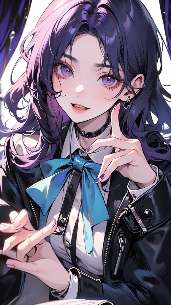 (Top resolution、Distinct_image)top-quality、(A girl) 、​masterpiece、highly detailed, half body, Semi-realistic、 ( purple eyes ) 、18year old,
 ( blue hair ) ,young 、Exquisite facial features、Facial features ,variation potrait, long  hair  , teenage, cool , cold sharp eyes, , {Very detailed 8k CG unit wallpaper}, students, whit oversized shirt , black tie, music classroom, (blue jacket on top)