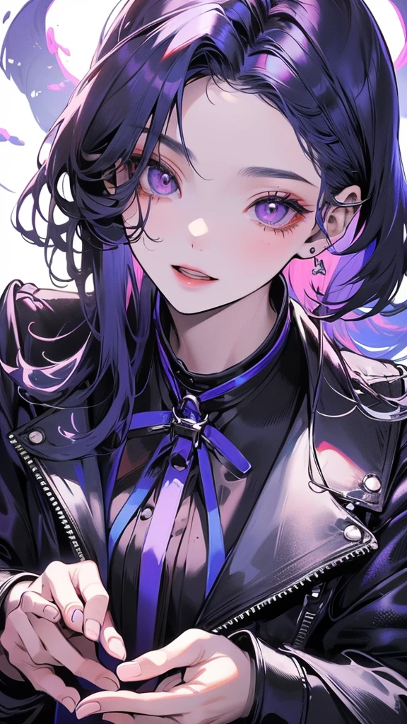 (Top resolution、Distinct_image)top-quality、(A girl) 、masterpiece、highly detailed, half body, Semi-realistic、 ( purple eyes ) 、18year old,
( blue hair ) ,young 、Exquisite facial features、Facial features ,variation potrait, long hair , teenage, cool , cold sharp eyes, , {Very detailed 8k CG unit wallpaper}, students, whit oversized shirt , black tie, music classroom, (blue jacket on top)