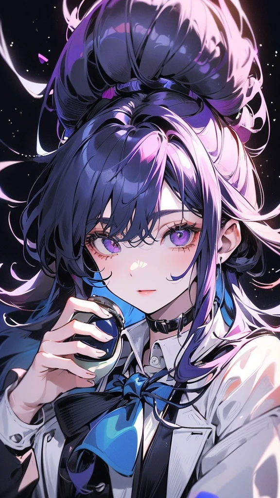 (Top resolution、Distinct_image)top-quality、(A girl) 、​masterpiece、highly detailed, half body, Semi-realistic、 ( purple eyes ) 、18year old,
 ( blue hair ) ,young 、Exquisite facial features、Facial features ,variation potrait, long  hair  , teenage, cool , cold sharp eyes, , {Very detailed 8k CG unit wallpaper}, students, whit oversized shirt , black tie, music classroom, (blue jacket on top)