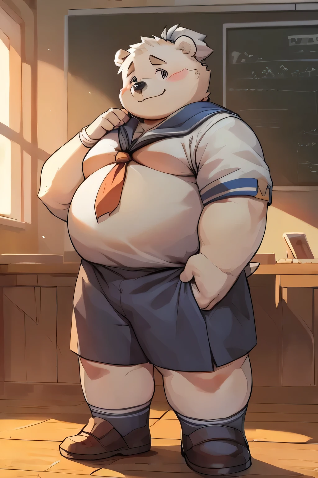 Chubby little bear in a sailor suit and shorts，Stand on the podium of the classroom，overweight，shy，cute，male，A faint smile，