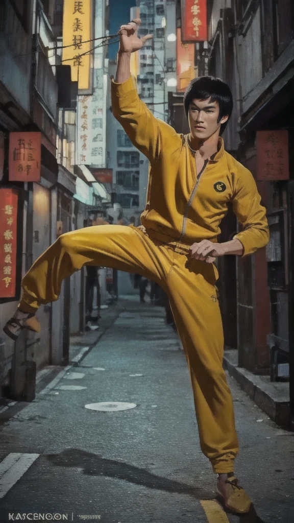 Bruce Lee wears a yellow tracksuit、Hong Kong backstreet background at night、Face the enemy、