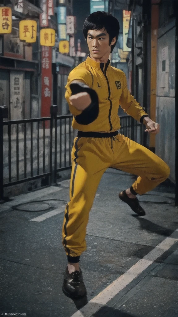 Bruce Lee wears a yellow tracksuit、Hong Kong backstreet background at night、Face the enemy、