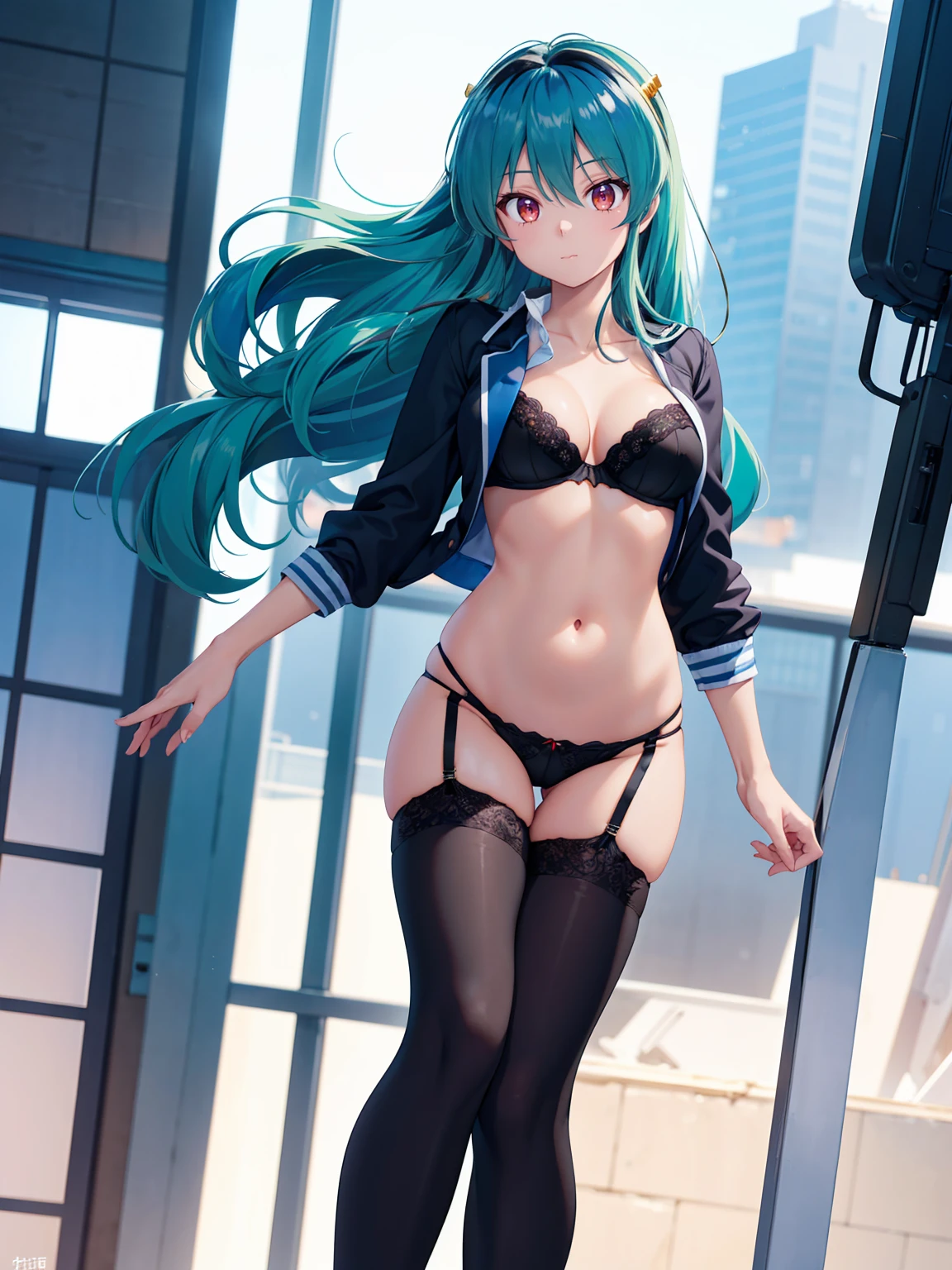 (1 Girl),(high quality), (High resolution), (Very detailed), (8k),(Demolition paperback correct)、Urusei Yatsura、Ram-chan、((Sexy Lingerie))、Wearing a blazer、((Focus on the whole body))、Nipple Shape、((Black knee-high stockings))、Hair messed up by the strong wind、Neutral White Lighting,Sexy pose、