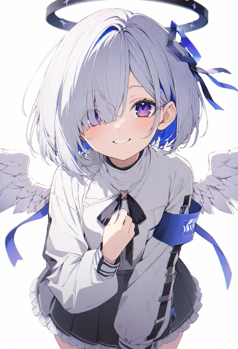 (muste piece), (best quality), (score_9, score_8_up, score_7_up), very detailed eyes, expressive eyes, perfect face, very detailed face, highly detailed face, beautiful girl, 8K, beautiful girl, white background, delicate and beautiful face and eyes, dark intense shadow,
1 girl, vtuber style, cool girl, hololive, amane kanata, star halo, solo, multicolored hair, purple eyes, armband, short hair, blue hair, grey hair, long sleeves, grey jacket, bob cut, white wings, black skirt, hair over one eye, frilled skirt, turtleneck dress, miniskirt, small chest, smile, body visible through clothes, ass visible through thighs, (full body), smile, standing,