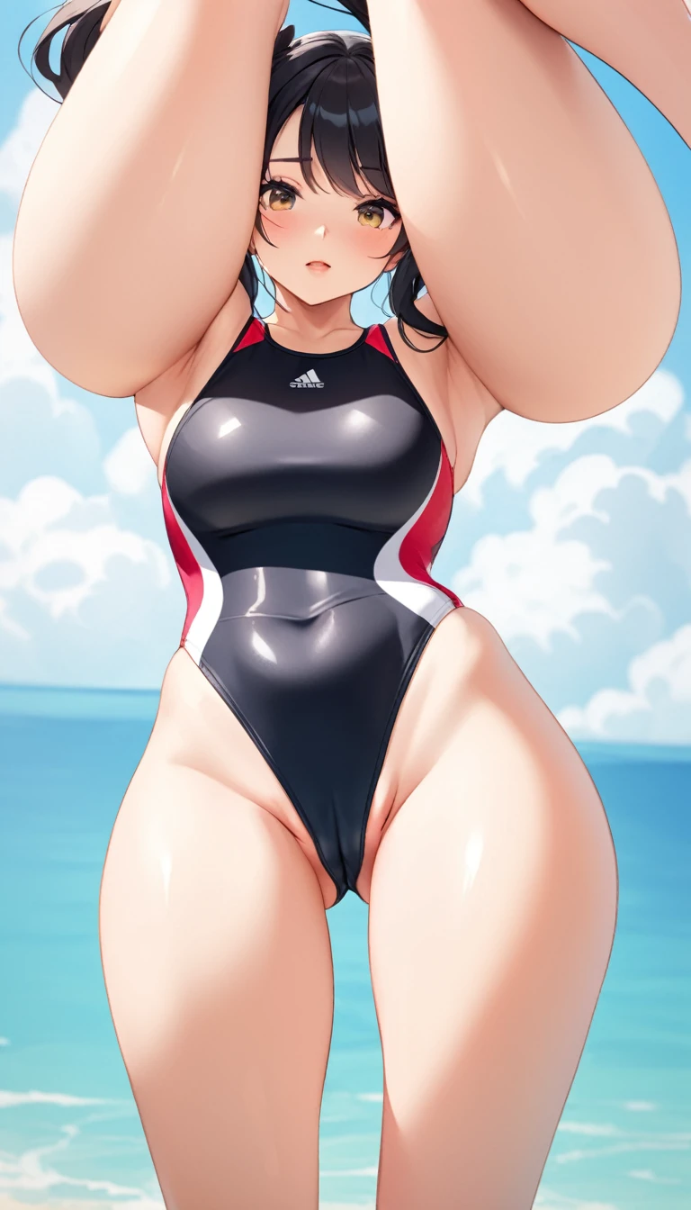a cartoon female in cartoonish attire making lewdly suggestive motion with her legs, 1girl, swimsuit, ass, one-piece swimsuit, solo, black hair, looking at viewer, breasts, armpits, twintails, cameltoe, partially visible vulva, black one-piece swimsuit, long hair, competition swimsuit, blush, thighs, looking through legs
