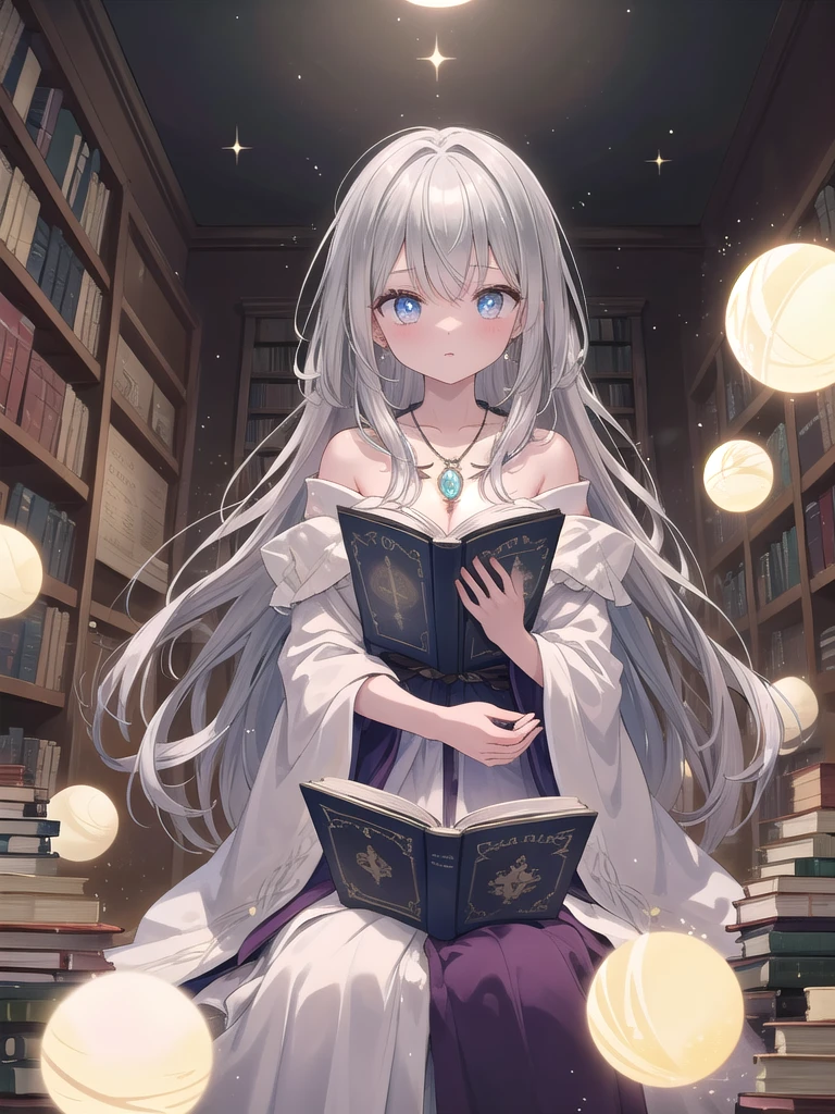 ((8k, best quality, master piece: 1.3)),super high resolution,(1 girl, solo), (colorshift eyes, hyperdetailed, expressive sparkling, glitter, glowing eyes), ultra detailed eyes, ultra-detailed face, random hair, ((silver gray color)), A silver-haired woman is a magical scholar reading a magical tome in an ancient library. In the background, ceiling-high bookshelves and floating glowing orbs spread out, creating a tranquil light. She is wearing a sheer silk robe and a magical pendant around her neck. Magical effects emanate from her fingertips, and soft light spreads all over her. Her long, wavy silver hair flows down her shoulders, and her lustrous, translucent skin is illuminated in the dim light. Her eyes are a brilliant blue, and they are filled with magical power as she stares at the book. She is depicted seated and concentrating, merging with the glowing orbs around her, exuding her scholarly knowledge and magical power.