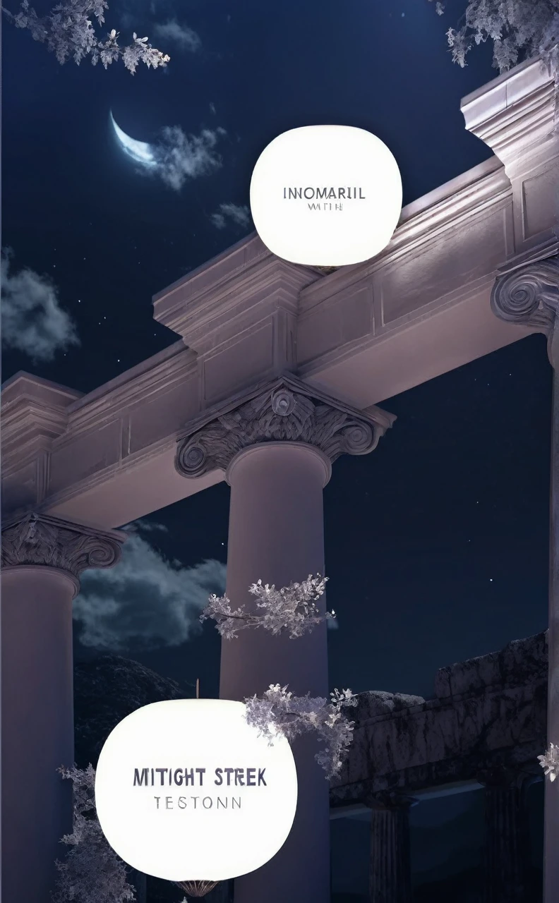 A night scene with ancient Greek-style columns, moonlight, detailed architecture, fantasy atmosphere, cinematic lighting, dramatic shadows, intricate stone textures, ethereal atmosphere, dramatic lighting, highly detailed, 8K, photorealistic