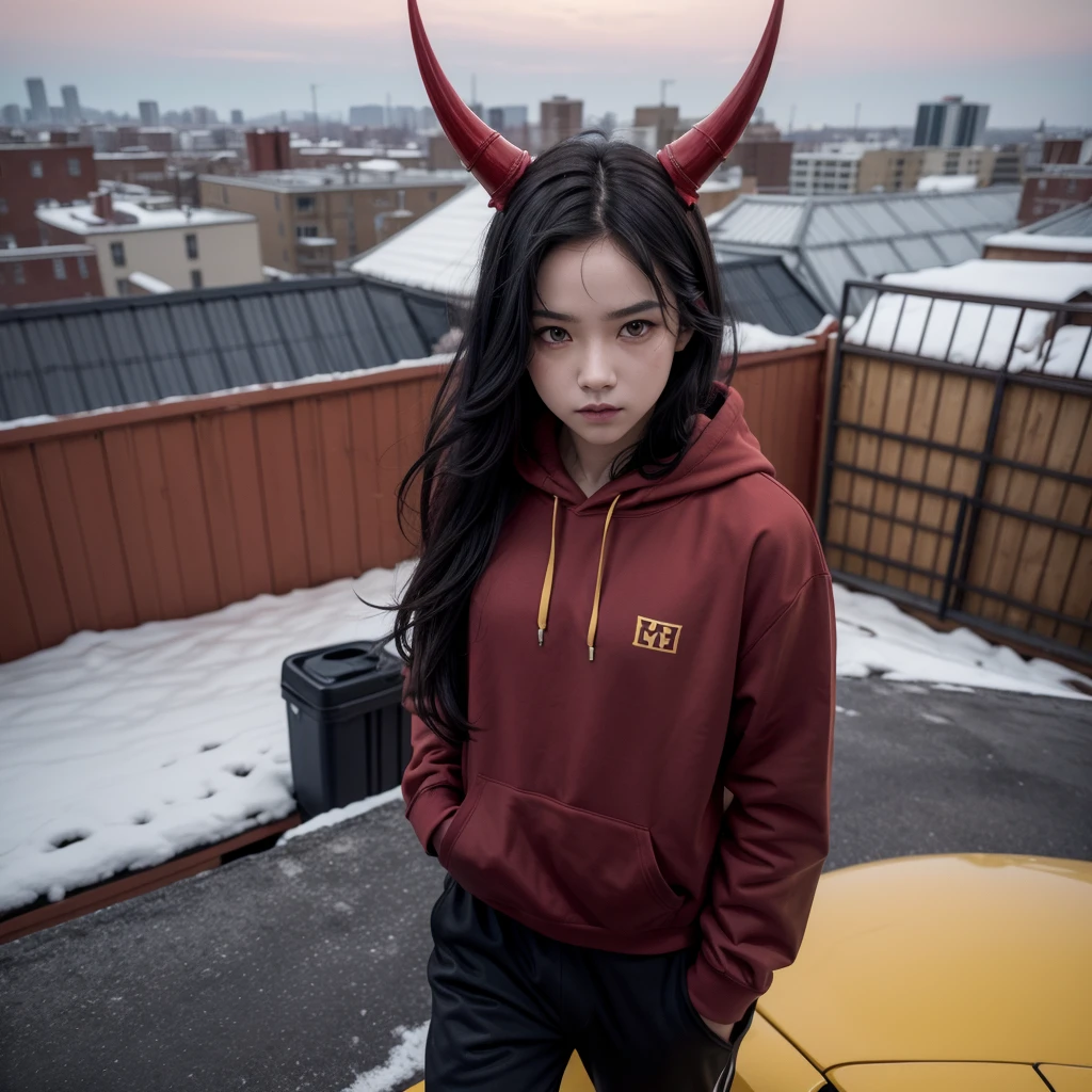 red skin, small horns, yellow eyes, long black hair, maroon hoodie, walking on the roof