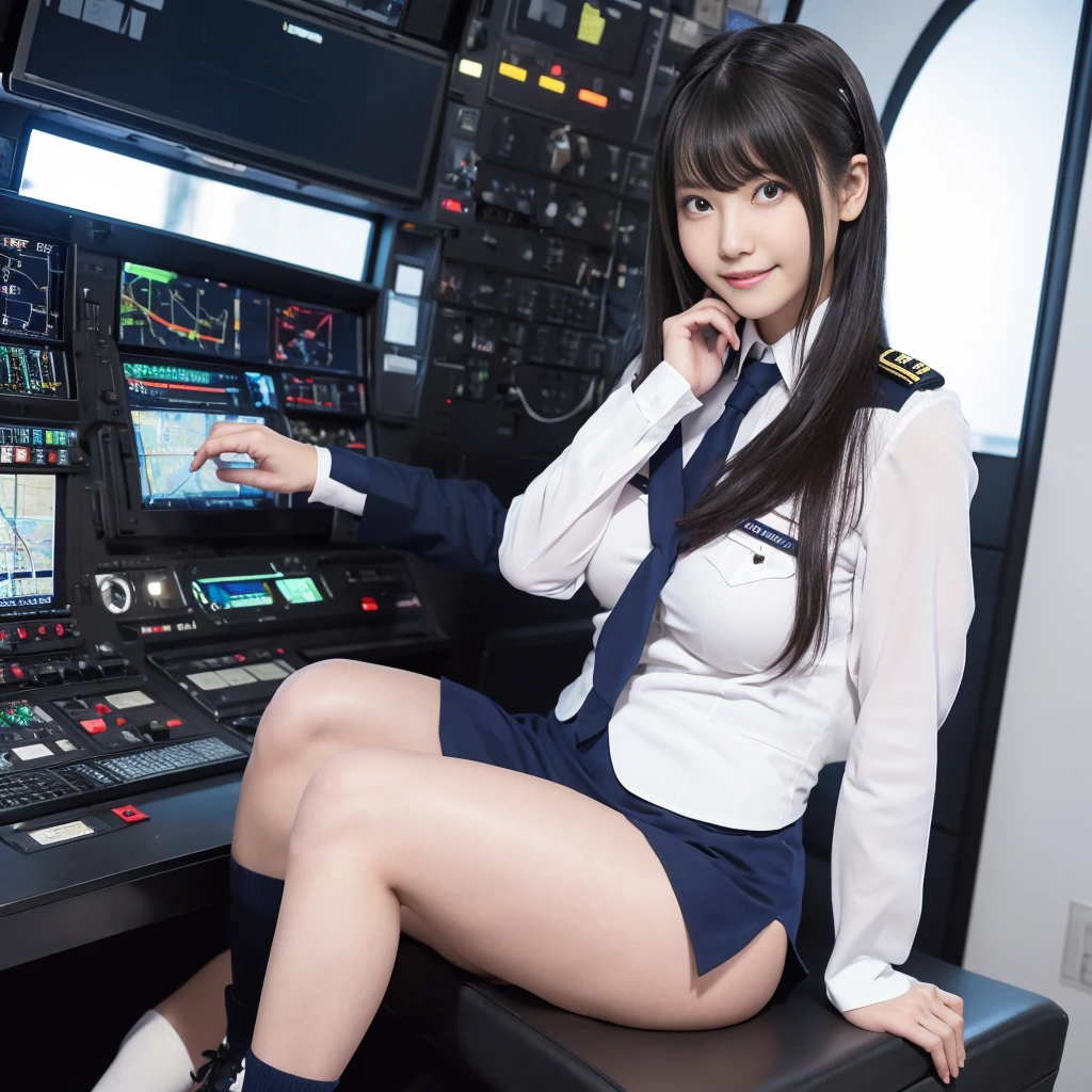 (uniform、soldier、Navy uniform、Micro Mini Skirt、is、Black Hair、Big Ass、Black knee-high socks、operator、Inside the battleship、Panty Shot、Groin、From below)、Extremely sexy、Glamorous Body、Smile、Professional Lighting、Beautiful adult woman、Captivating thighs、Very large breasts、Cleavage、Sitting in the control room、Crossing your legs