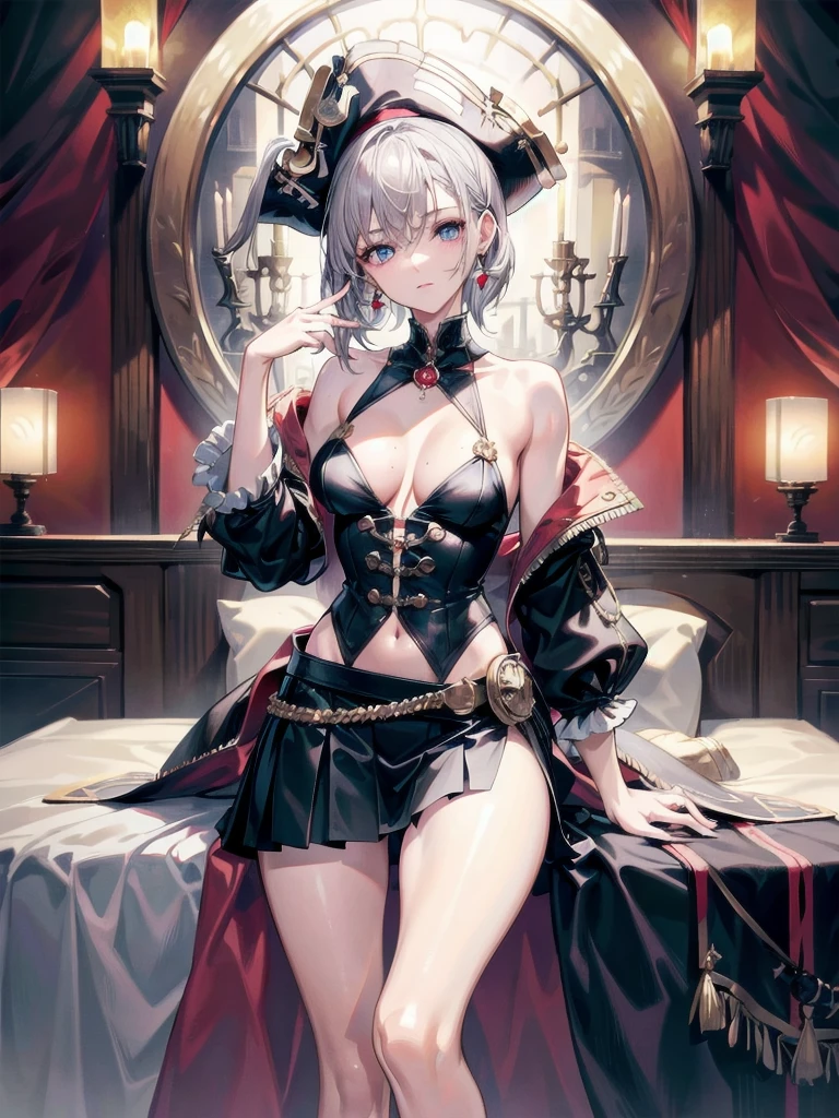 absurdres, RAW photo, extremely delicate and beautiful, masterpiece, Best Quality, ultra high resolution, 32k, hyperrealistic, ultra-detailed, perfect anatomy, anatomically correct, perfect figure, Perfect Style, Perfect balance, super Detailed skin, in her 30s, very Slim body, narrow waist, very small head, very small face, delicate facial features, handsome detailed woman, very detailed eyes and face, realistic face proportions, Realistic beautiful face, Realistic beautiful eyes, tearful mole, earring, big tits, full body shot, bare legs, medium hair, indoor, Legendary Pirate costume, Practical pirate clothing, Long-sleeved pirate top, Skirt, shirt, Torn pirate hat,