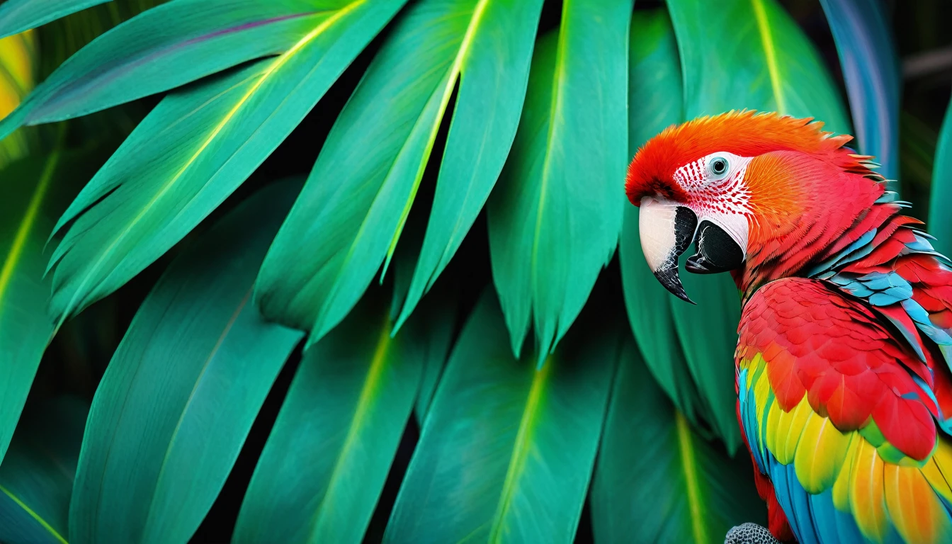 (best quality, 4k, 8k, alto, main part: 1.2), ultra-detalhado, (Realistic, photo-realistic, photo-realistic: 1.37), vivid colors, clear lighting, Bird of Paradise, parrot multi color, red blue yellow pink cyan and many other colors, sitting on a trunk, prestigious bird, penas coloridas, neutral green background with some dark leaves, colorida, vibrant, Surprisingly vivid, unique patterns, Artistic portrait, feather patterns that blend perfectly, translucent wings , A charming spectacle, fascinating vision, breathtaking images,