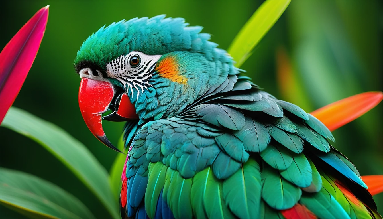 (best quality, 4k, 8k, alto, main part: 1.2), ultra-detalhado, (Realistic, photo-realistic, photo-realistic: 1.37), vivid colors, clear lighting, Bird of Paradise, parrot multi color, red blue yellow pink cyan and many other colors, sitting on a trunk, prestigious bird, penas coloridas, neutral green background with some dark leaves, colorida, vibrant, Surprisingly vivid, unique patterns, Artistic portrait, feather patterns that blend perfectly, translucent wings , A charming spectacle, fascinating vision, breathtaking images,
