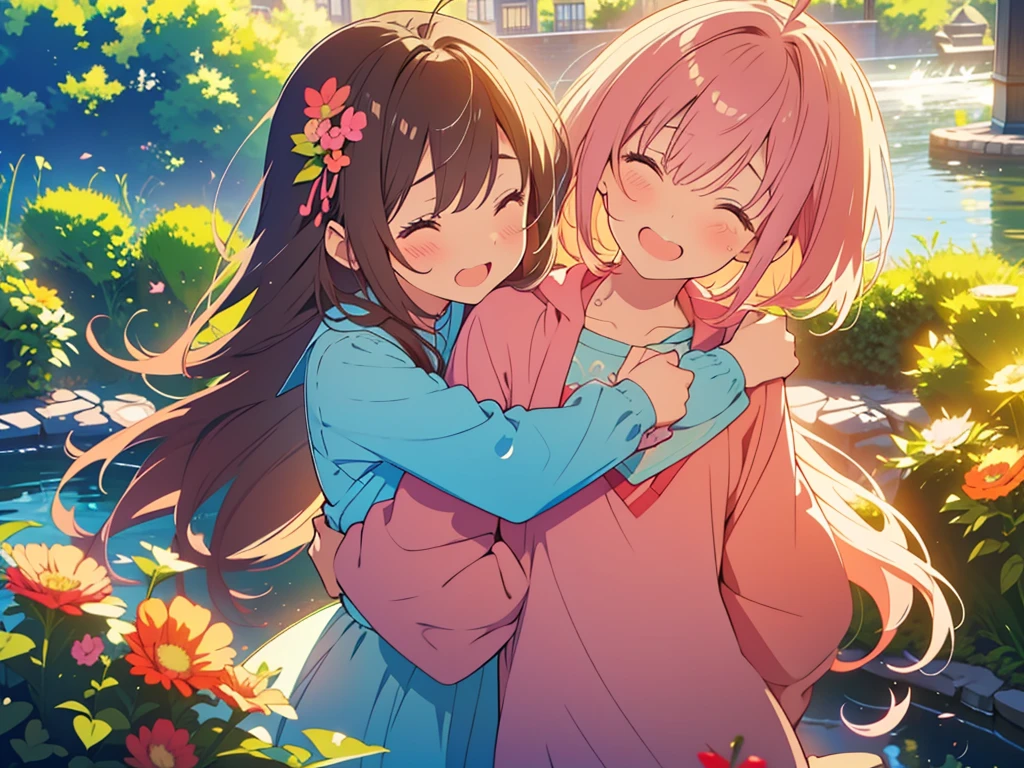 kawaii, anime, Cute, hyper quality, highly detailed, 8k, Clarity,  One person has long dark brown hair and green eyes., The other is a young girl with a bright pink short bob and scarlet eyes., Hug each other in Europe's natural water gardens, shed tears, A touching reunion, warm atmosphere, clear blue sky, jump on, whole body, clear air, planted flowers and greenery, Draw facial expressions in detail, highlight on eyes, Close your eyes and cry and laugh, pull perspective, hoodie, Uplifting, jump and hug, Draw the whole body of both of them, light dances, pink hair, Netherlands, pick up a , A small butterfly of light dances,