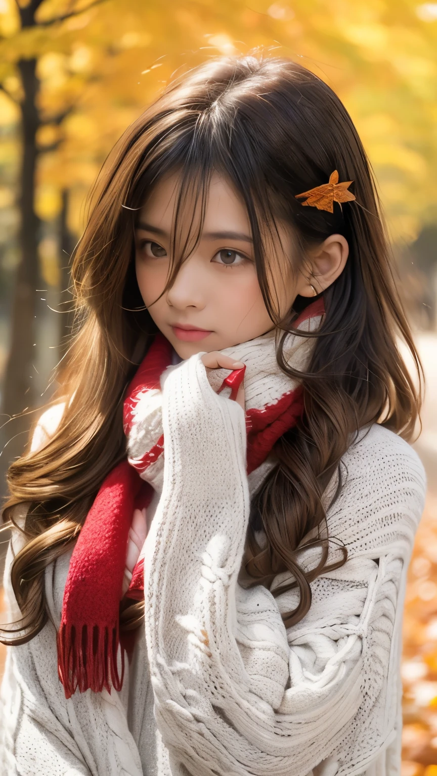 (masterpiece), Highest quality, Very detailed, figure, Warm lighting, Soft lighting, Bright colors, 1 girl, alone,( beautiful girl, Long Hair, blue eyes, ribbon, Brown Hair, Hair between the eyes, hair ribbon, Side Lock, very Long Hair, Messy Hair,) , autumn, Lots of maple trees, maple leaf, Golden Leaf, autumn leaves, Dry leaves, river,  Fresh air,  peace, Cool breeze , Sweater Weather,( Wear a white or brown sweater, Red scarf, melancholyなautumn, Lost in Thought, melancholy, sad ,Worried, longing,)