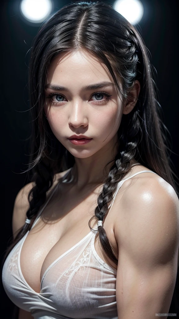 Perfect face,gray eyes,white-complexioned woman with very long braids black hairstyles ,her wears dress (yellow) with Inscriptions (black), huge muscle building body her and very big, ultra detailed, cinematic lighting