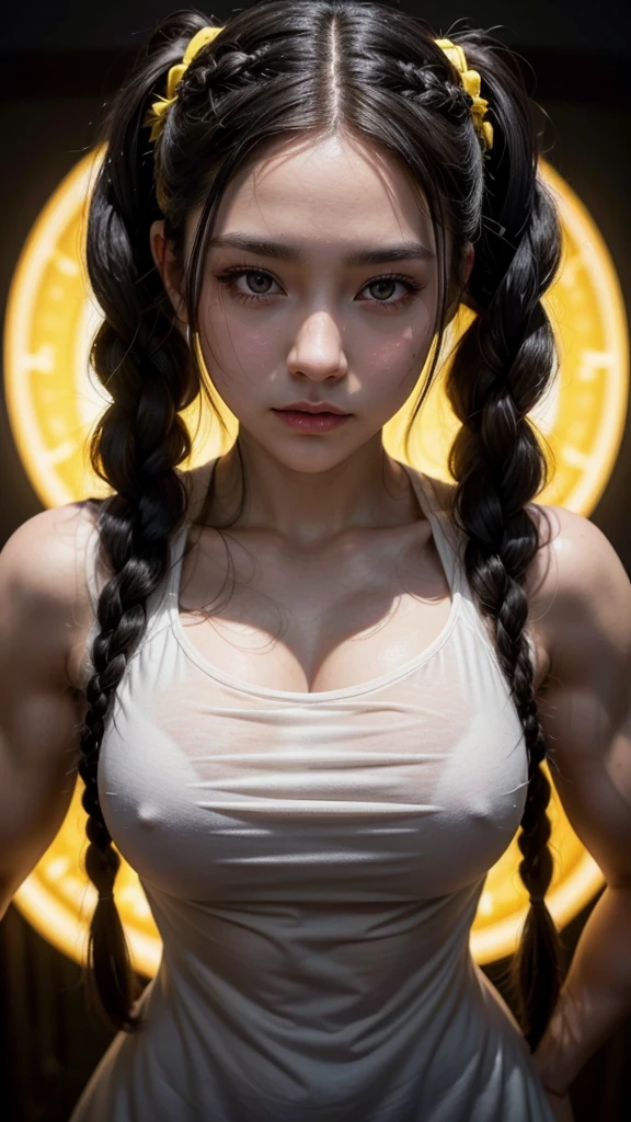 Perfect face,gray eyes,white-complexioned woman with very long braids black hairstyles ,her wears dress (yellow) with Inscriptions (black), huge muscle building body her and very big, ultra detailed, cinematic lighting