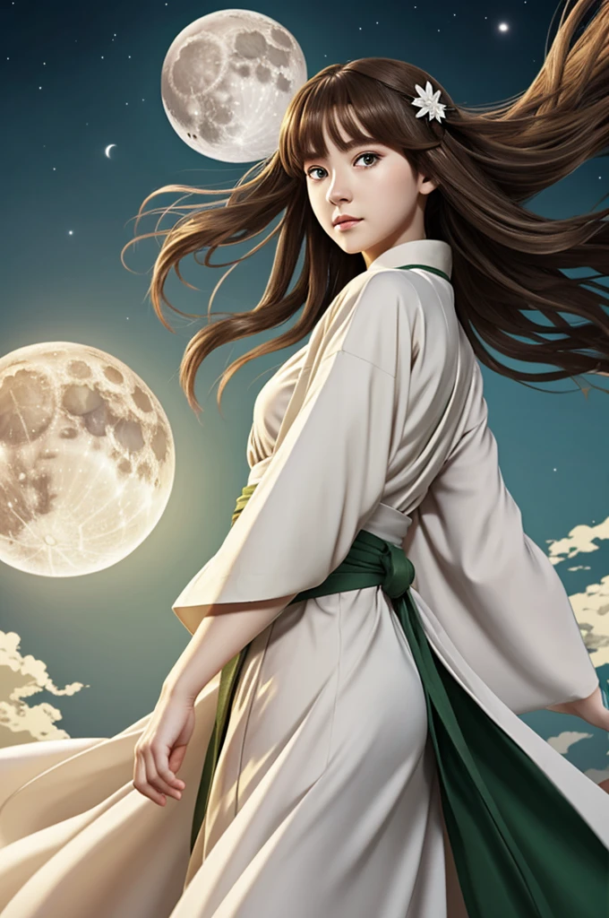 a Girl with Light Brown hair and green eyes wearing a white kimono that looks angel like flying through the night with the moon in the background demon slayer artstyle