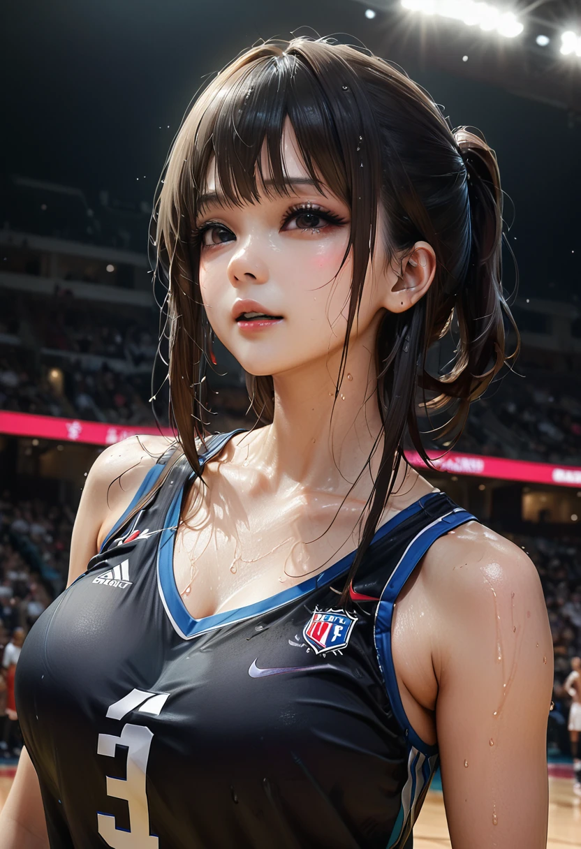 Young and beautiful woman,(Highest quality,Extremely detailed depiction,Incredible high resolution,Anatomically accurate depiction,software),(Glowing Skin,Glowing Skin,Sweat),basketballの選手,basketballのユニフォーム,basketball,Awesome dunk shot,Winning goal,background:basketballの試合中,From directly below:1.3