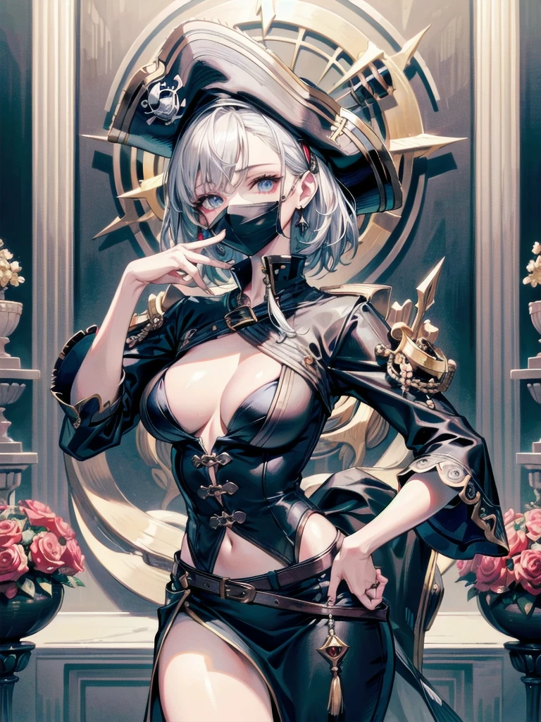 absurdres, RAW photo, extremely delicate and beautiful, masterpiece, Best Quality, ultra high resolution, 32k, hyperrealistic, ultra-detailed, perfect anatomy, anatomically correct, perfect figure, Perfect Style, Perfect balance, super Detailed skin, in her 30s, very Slim body, narrow waist, very small head, very small face, delicate facial features, handsome detailed woman, very detailed eyes and face, realistic face proportions, Realistic beautiful face, Realistic beautiful eyes, tearful mole, earring, big tits, whole body shot, medium hair, indoor, Legendary Pirate costume, Practical pirate clothing, Long-sleeved pirate top, Skirt, shirt, Torn pirate hat,