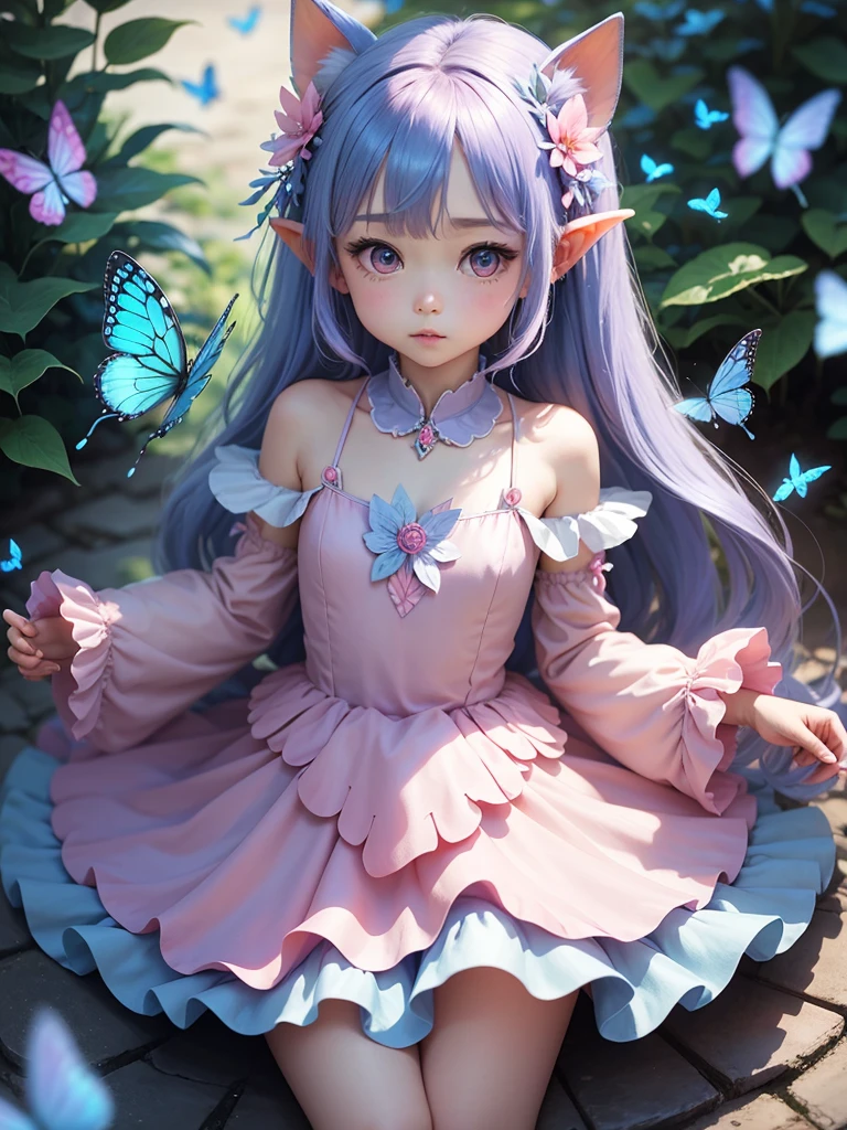 cute  Fairy, blue butterfly, 紫 hair, pink eyes,  dress pointy ears dress made of petals leaves