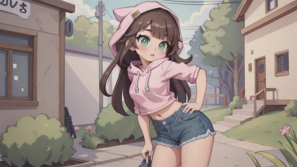 1girl, small breasts, small hips, green eyes, brunette long hair, pink sport hoodie, denim shorts, school corridor, pervert, , freckles