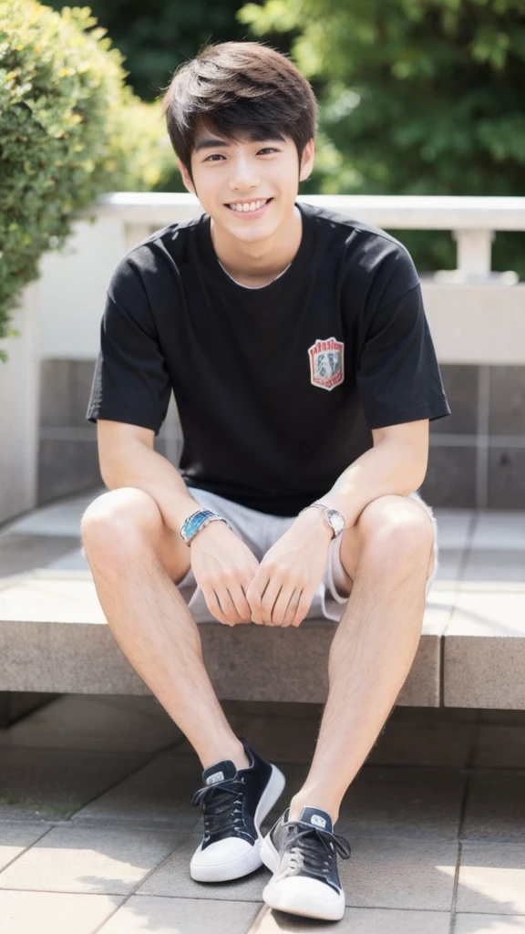 Japanese, male, university student, Wearing shorts, Sitting, ((full body)), (super sharp focus), (Hairy legs), smile, Anatomically correct,