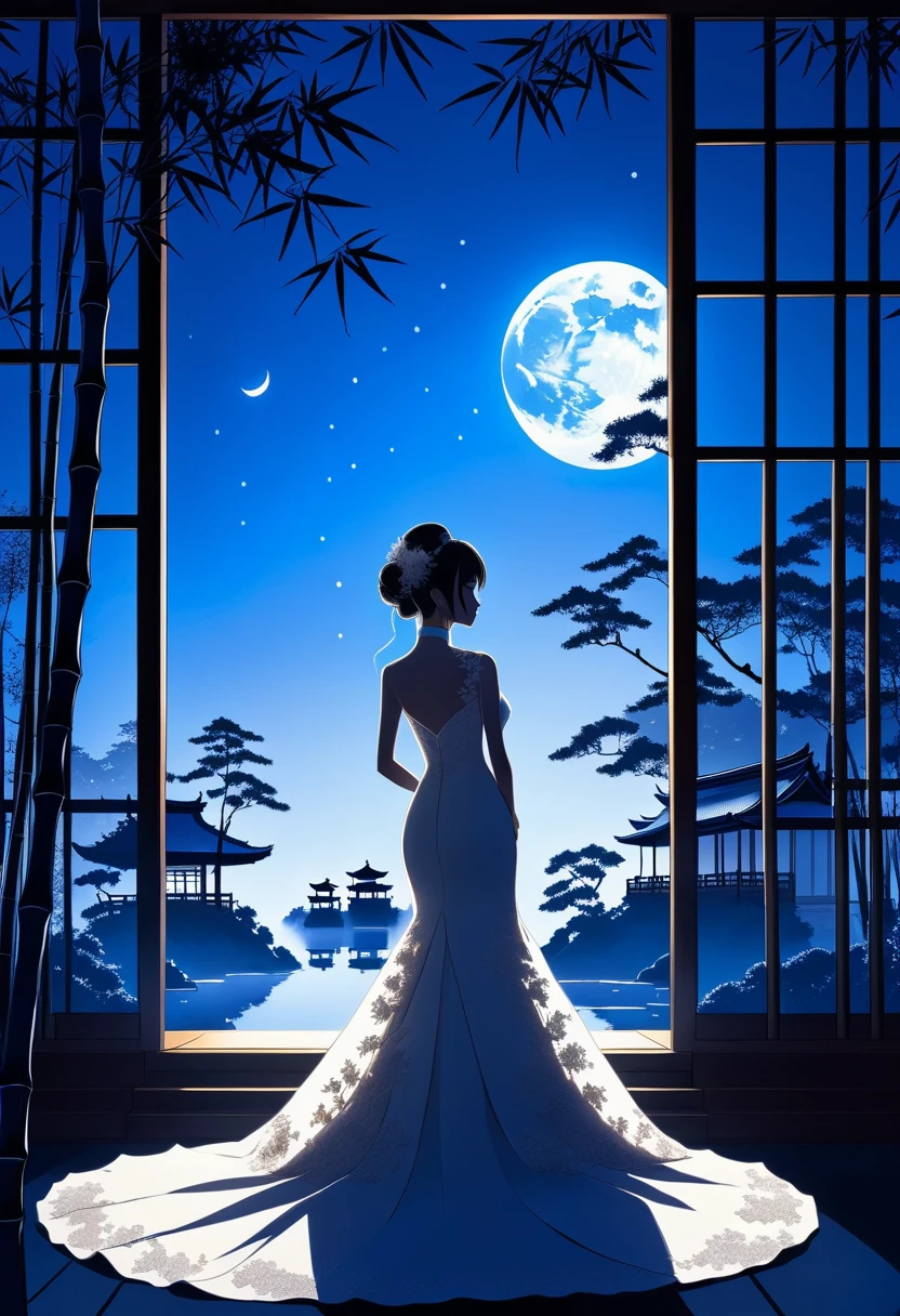 ((Silhouette Art)), 1Bridal Clothing, (Double contact:1.3), Weddings at the restaurant overlooking a Japanese garden surrounded by bamboo trees, Blue Moon, (close up), promote, complicated, (best quality, masterpiece, representative work, Official Art, professional, Unity 8k wallpaper:1.3)
