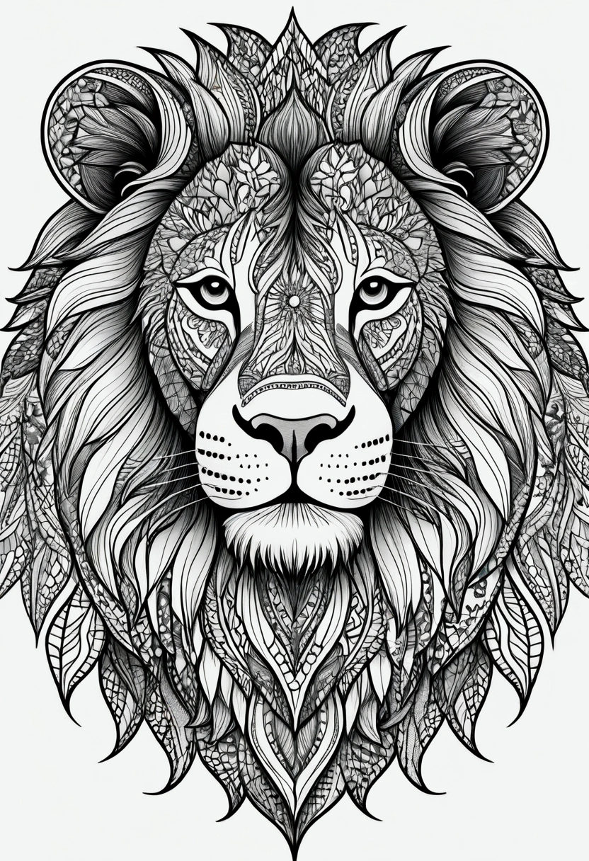 Lion, black and white, zentangle (best quality) ultra-detailed, thick line drawing, coloring book illustration style, intricate linework thick enough to fill in with colors, perfect composition, beautiful and stunning, dynamic angle, no shading, unique style, black and white details, intricate and detailed nature elements. Keep background plain white, no art in the background. Do not the pictures from edges