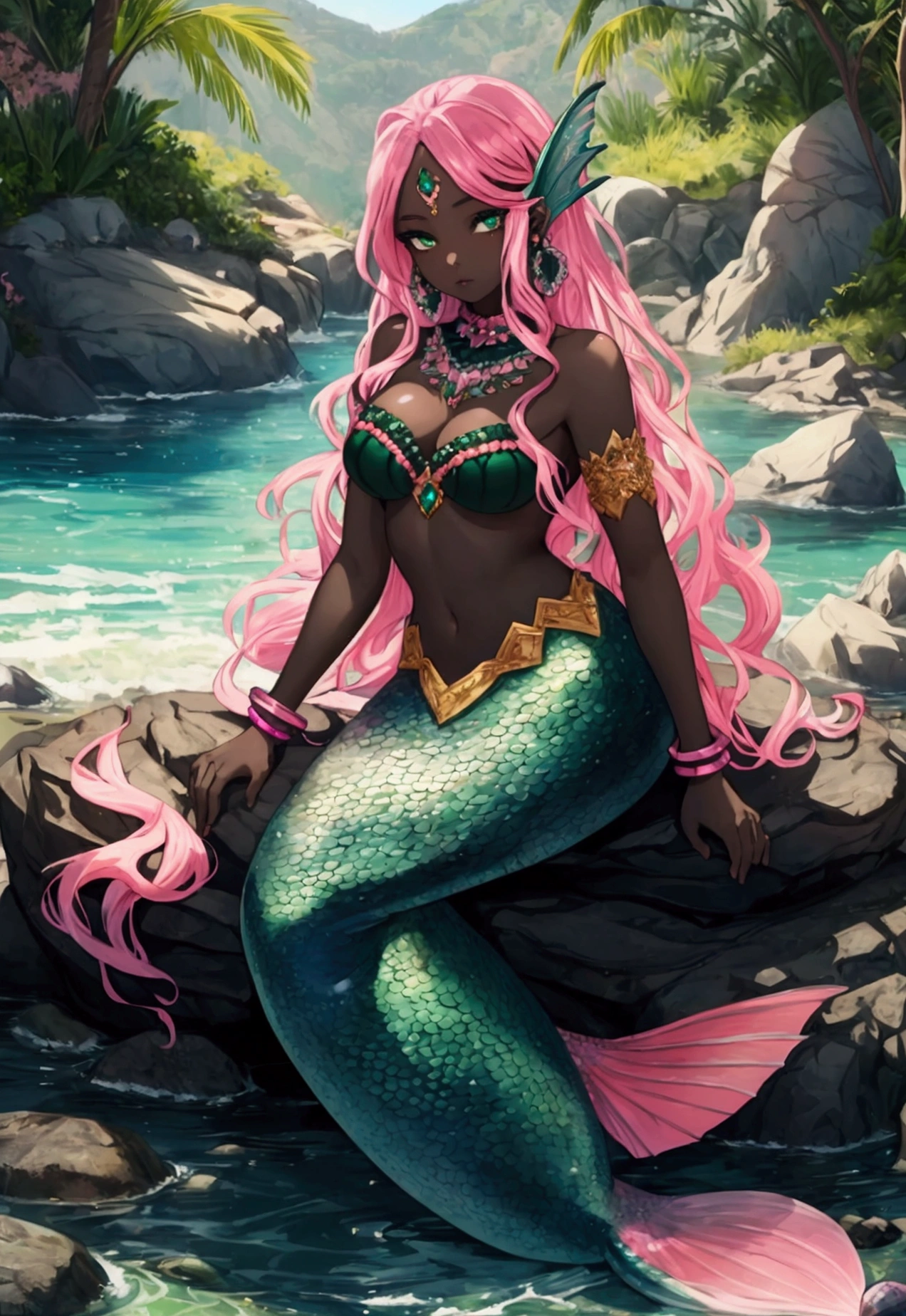 ((Artwork, high quality)), (mermaid), (black skin), (green eyes), (pink hair), (adorned with jewels), (sitting on a rock).



