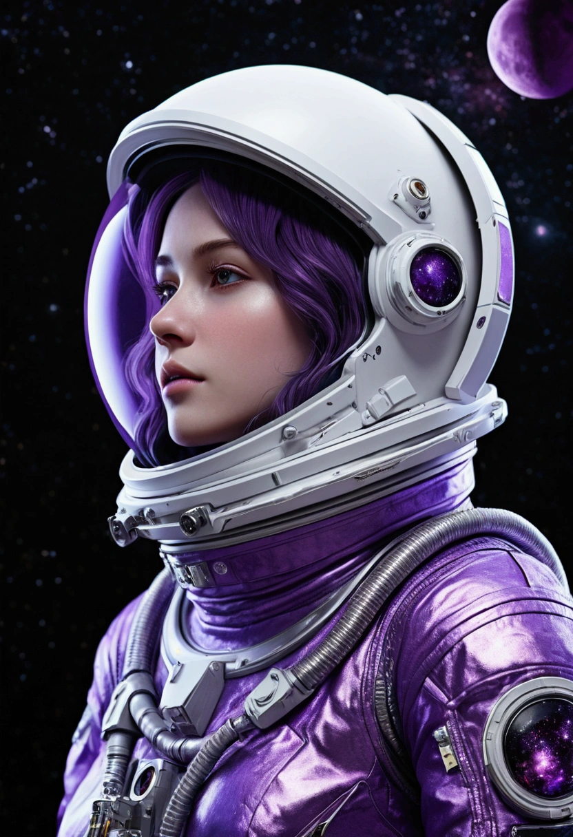 realist, (masterpiece:1.4, Best Quality), (intricate details), unity wallpaper 8k, ultra detailed, (metallic colors1.3), purple space suit, beautiful and aesthetic, 1 girl, detailed, Alone, space moon