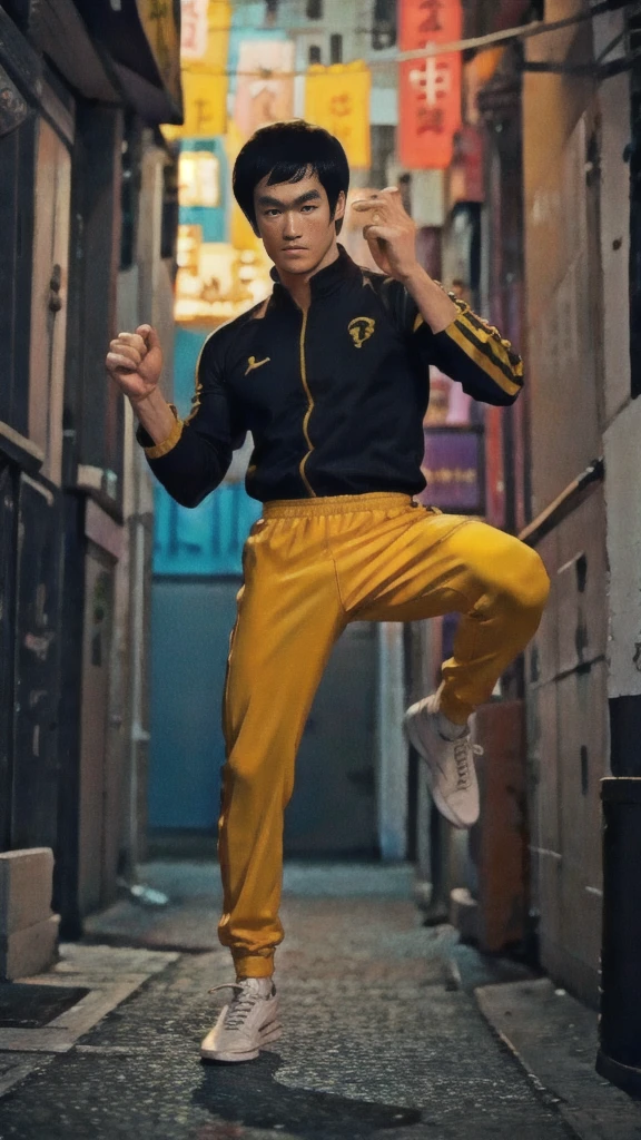 Bruce Lee wears a yellow tracksuit、Hong Kong backstreet background at night、Face the enemy、