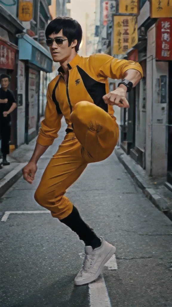 Bruce Lee wears a yellow tracksuit、Hong Kong backstreet background at night、Face the enemy、