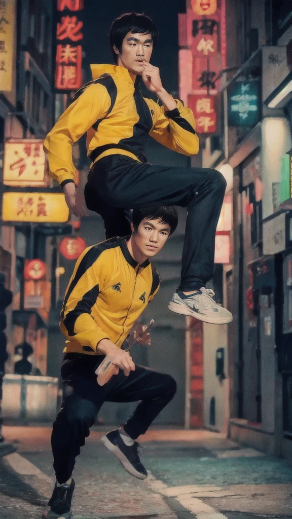 Bruce Lee wears a yellow tracksuit、Hong Kong backstreet background at night、Face the enemy、