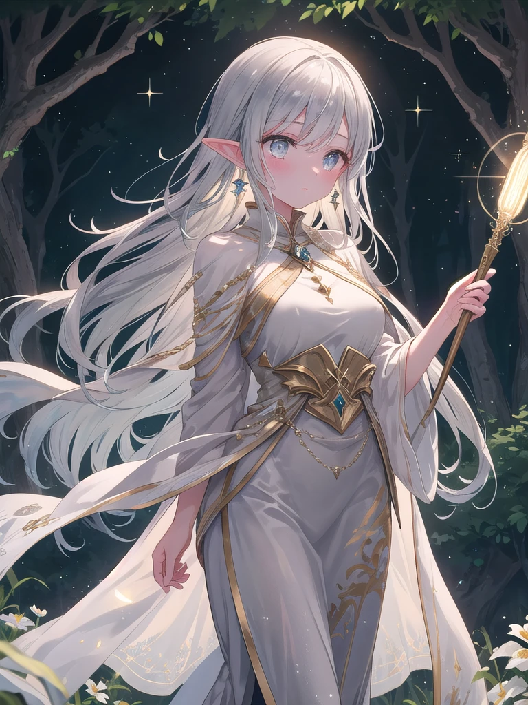 ((8k, best quality, master piece: 1.3)),super high resolution,(1 girl, solo), (colorshift eyes, hyperdetailed, expressive sparkling, glitter, glowing eyes), ultra detailed eyes, ultra-detailed face, random hair, ((silver gray color)), A silver-haired woman in a long silk robe embroidered with white and gold as the Queen of the Elves stands by a mysterious spring deep in a sacred magical forest. Her robe softly shines in the light, and behind her are towering ancient trees and glittering flowers. She holds a magic wand and her elven earrings sway. Sparkling magical light emanates from her hand, and moonlight and dramatic shadows float all over. Long waves of silver hair sway in the wind, and her shiny, translucent skin is beautiful. Her eyes are filled with magical power, and she gazes into the distance with sparkling eyes filled with deep emotion. She stands gracefully and with a dignified posture, and the magical light illuminates the background, integrating with the natural background.