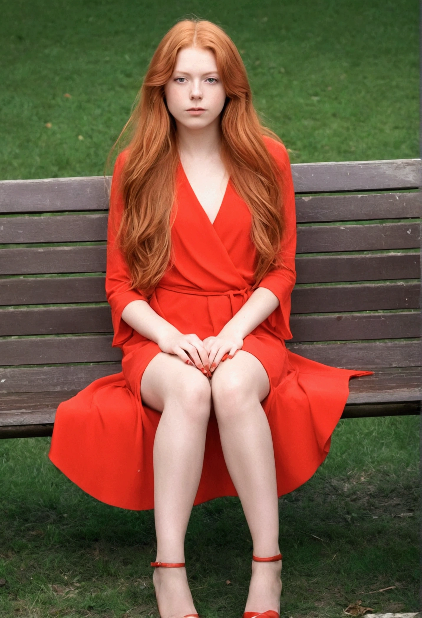 Ultra réaliste, la photographie fille nue, longs cheveux roux, fille, 24 ans, chiffre de sablier, corps parfait, look affectueux, germe ;art extrêmement détaillé, dans le style artgerm, Face à la caméra, objectif 35 mm, arrière-plan flou, assis sur un banc dans le parc, lire un livre, robe rouge, jambes croisées, Talons hauts