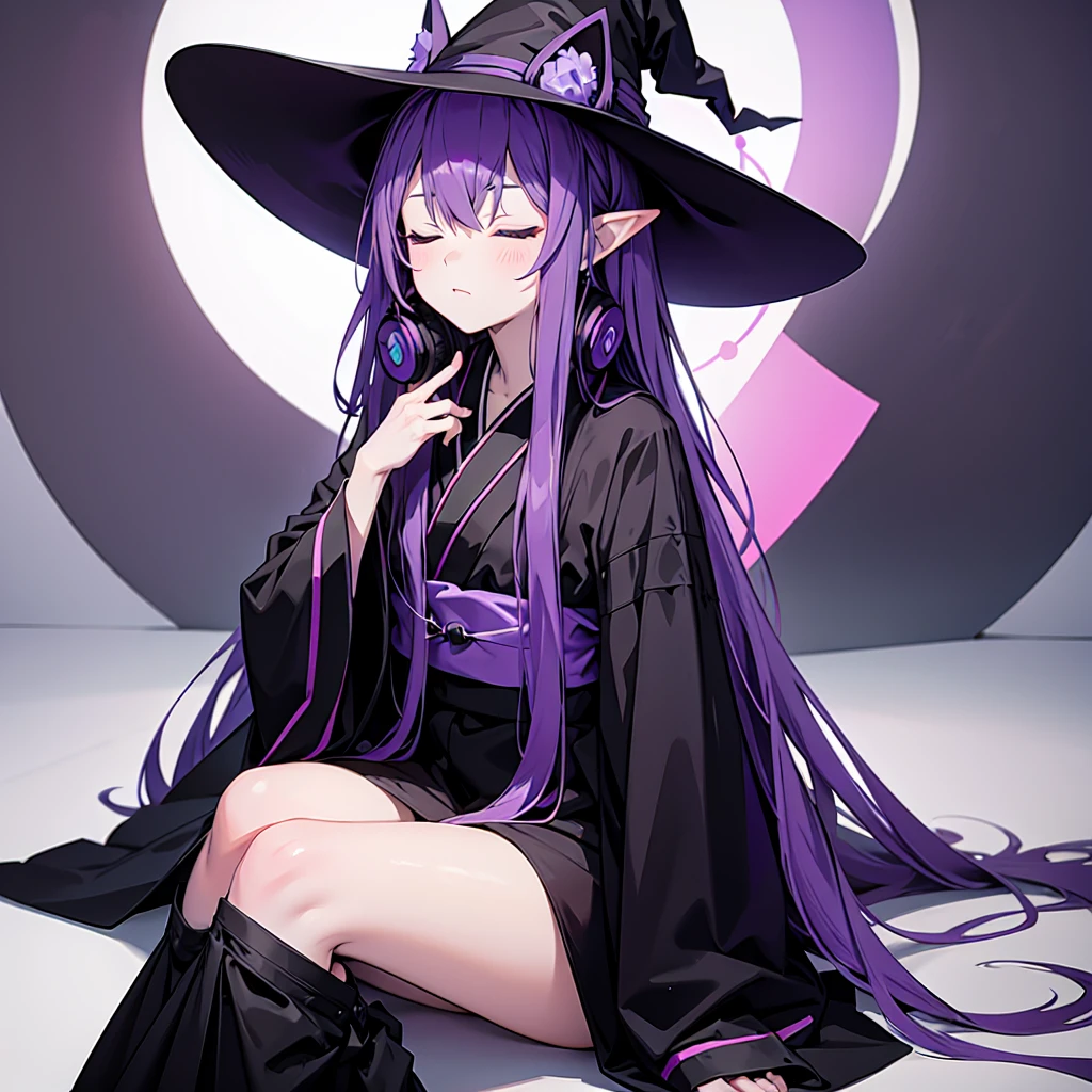 1 person. Anime girl with long purple hair and black robe. Pointy ears. Cute as in manga. Sitting with eyes closed. Headphones. Witch hat on the ground.