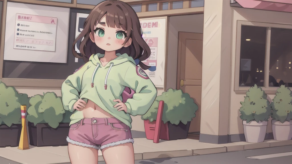 1girl, small breasts, small hips, green eyes, brunette long hair, pink sport hoodie, denim shorts, school corridor, pervert, , freckles