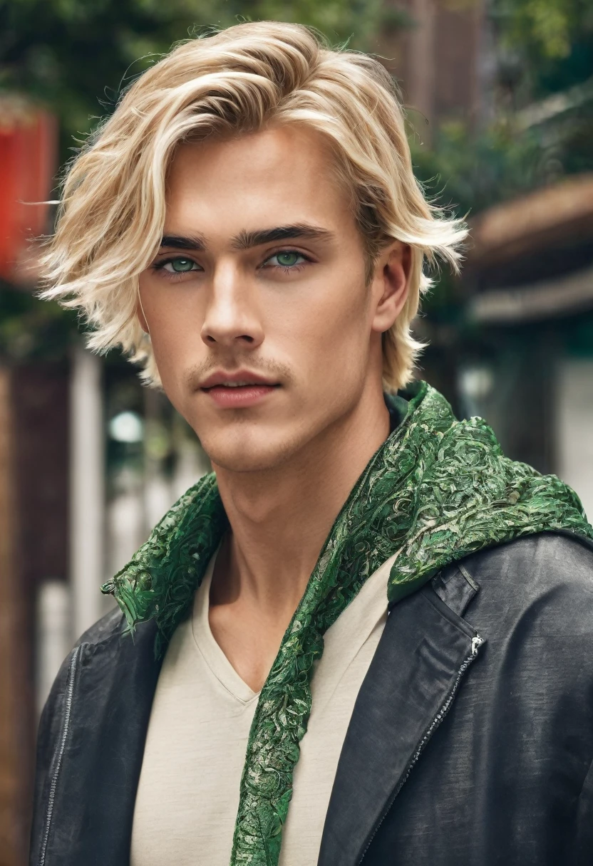 Can I get a handsome blonde guywith medium hair and green eyes 