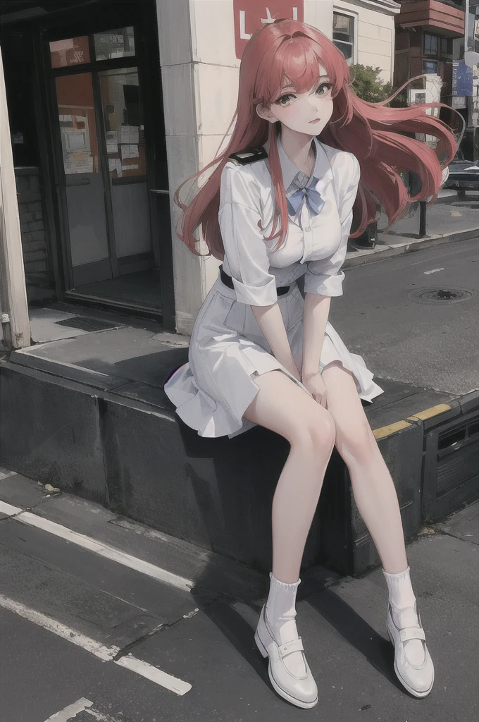 Beautiful girl wearing casual clothes, white lace skirt, white socks, light blue leather shoes, looking unhappy, hand details, slender fingers, red hair, full body shot on the street under the street lamp