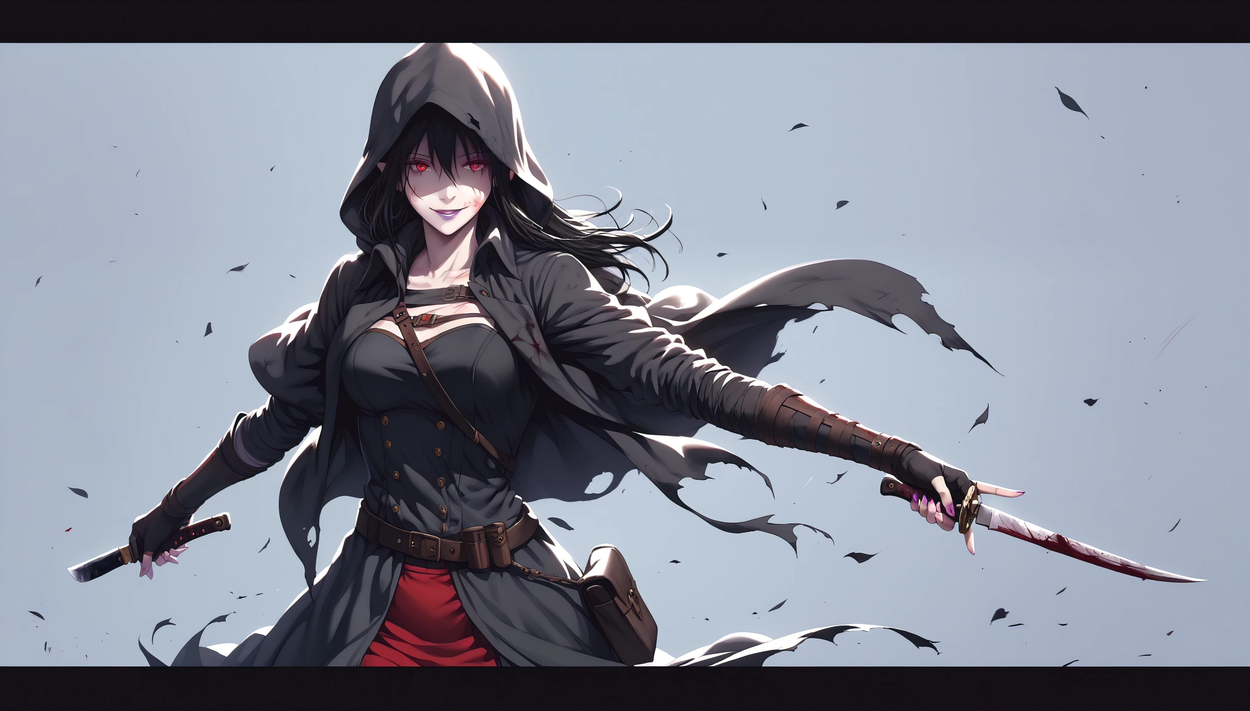 (hews art style:0.7), (asura art style:0.7), score_9, score_8_up, score_7_up, score_6_up, score_5_up, score_4_up, uncensored, black hair, red eyes, purple lipstick, hair between eyes, long hair, short pointy ears, pale skin, BREAK (masterpiece:1.2), best quality, high resolution, (detailed eyes:1.3), perfect lighting, (perfect hands, perfect anatomy), 1girl, solo, letterboxed, knife, hood, gloves, weapon, throwing knife, blood, fingerless gloves, smirk, shaded face, belt, vambraces, alternate costume, pouch, cape, looking at viewer, hollow eyes, torn, whip mark, upper teeth only,