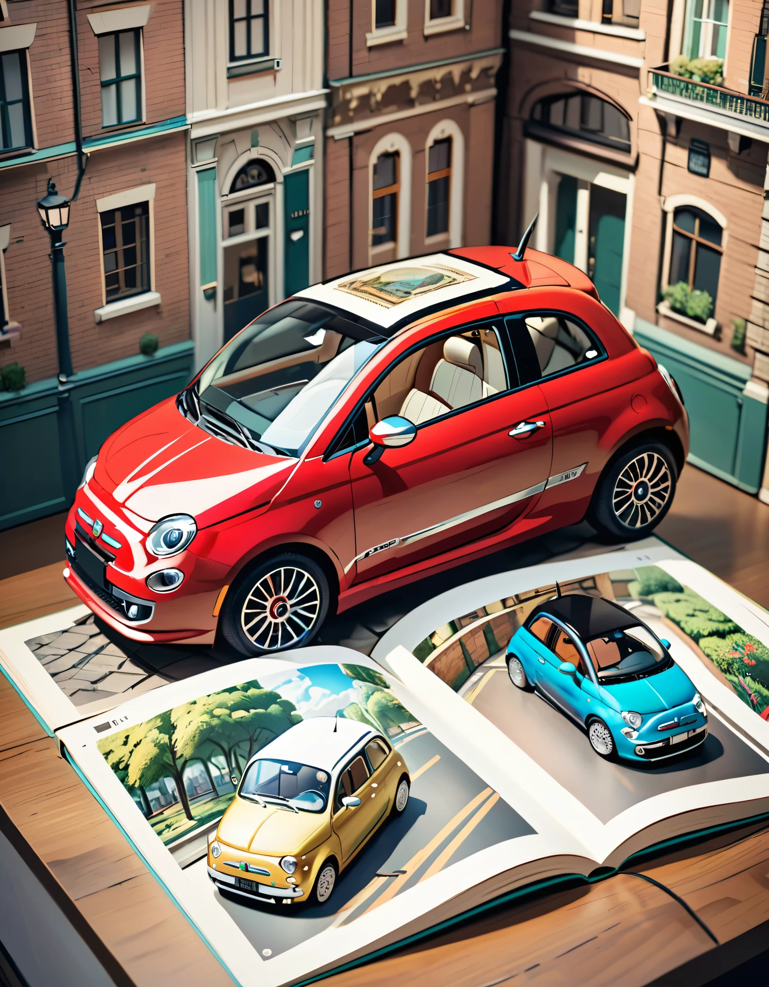 (masterpiece:1.2, Highest quality),(Very detailed),8k,wallpaper,Fiat 500 pop-up book