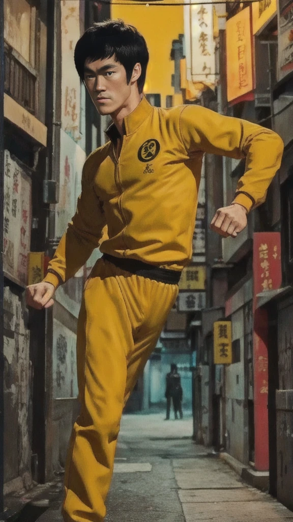 Bruce Lee wears a yellow tracksuit、Hong Kong backstreet background at night、Face the enemy、