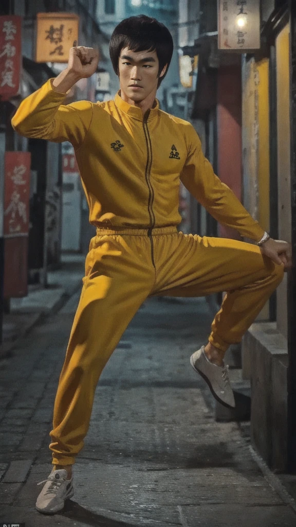 Bruce Lee wears a yellow tracksuit、Hong Kong backstreet background at night、Face the enemy、