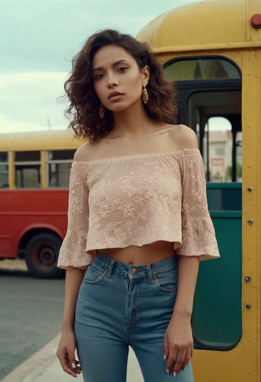 a beautiful latina woman wearing a cropped top and jeans standing in front of the bus stop, in the style of Oleg Oprisco, video, Jocelyn Hobbie, soft, muted tones, close up, wavy, Nick Knight --ar 36:55 --stylize 750 --v 6