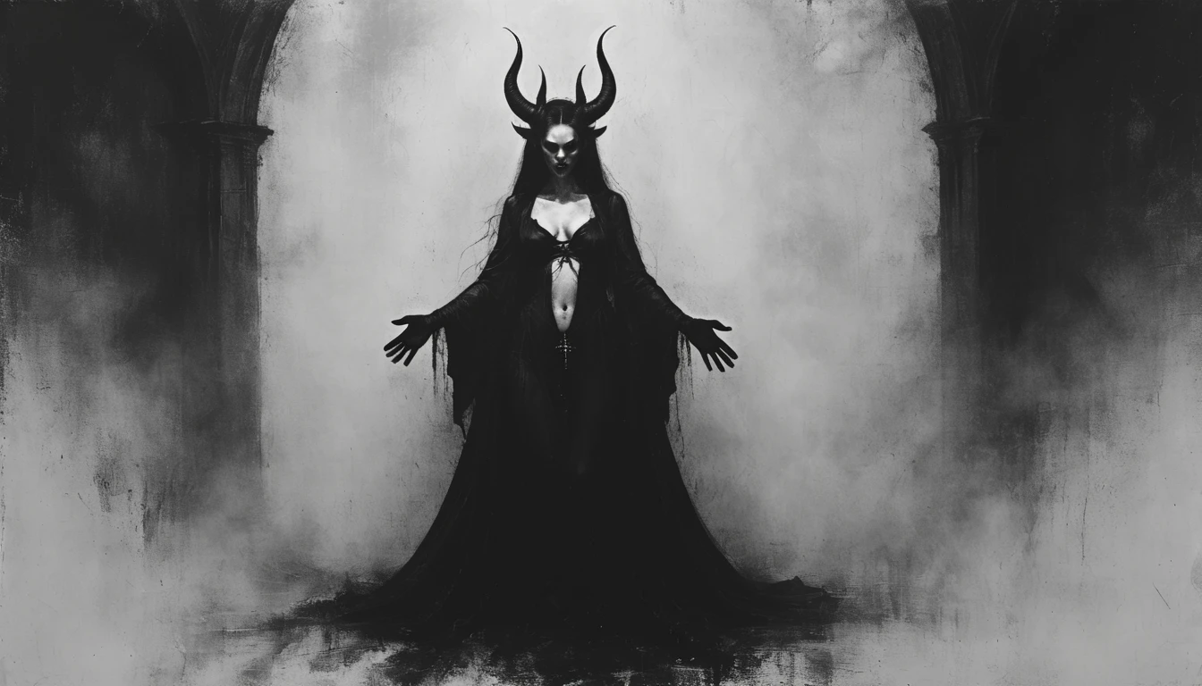 a (painting) of a holy adult succubus with symmetrical beautiful horns, in prayer, gloves, (close-up), vampire the masquerade bloodlines, incredible art, gloomy background, nimbus, church ragged vestments, darksketch, minimalism