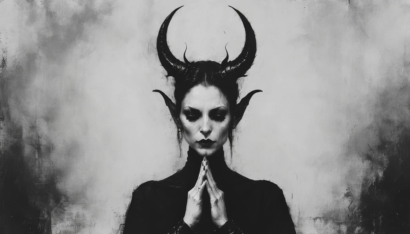 a painting of a holy succubus with horns, chiasmus, gloves, gothic dress, vampire the masquerade bloodlines, incredible art, gloomy background, nimbus, church ragged vestments, darksketch, close-up even more with a seductive stare.