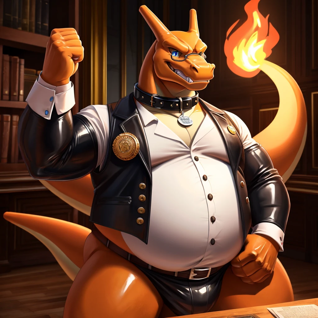 Solo, Male, fat, extremely obese, gentleman, dapper Professor Charizard, blue eyes, (posing:1.3), (soft shading), 4k, hi res, ((detailed face, detailed)), looking at viewer, mouth wide open, steampunk, dapper clothing, collared shirt with buttons, top hat, male focus, Explorer Outfit, glasses, monocle, vest with buttons, sleeves rolled up, round eyewear, brown headwear, brown vest, office, Charizard is wearing a glossy leather dog collar around the neck, Charizard is wearing the leather collar and shirt and vest at the same time, Charizard is wearing glossy white rubber gloves on the hands, wearing white rubber gloves on the feet, gloves are rubber in texture, clenching teeth, clenching fists, leather collar is glossy and shiny with a lot of detail, Charizard is wearing gloves and leather collar at the same time, leather collar has a round dog-tag, leather collar is thick and detailed, leather collar is glossy and shiny, fancy clothing, dapper vest, dapper shirt, leather collar is thick, glossy leather collar.