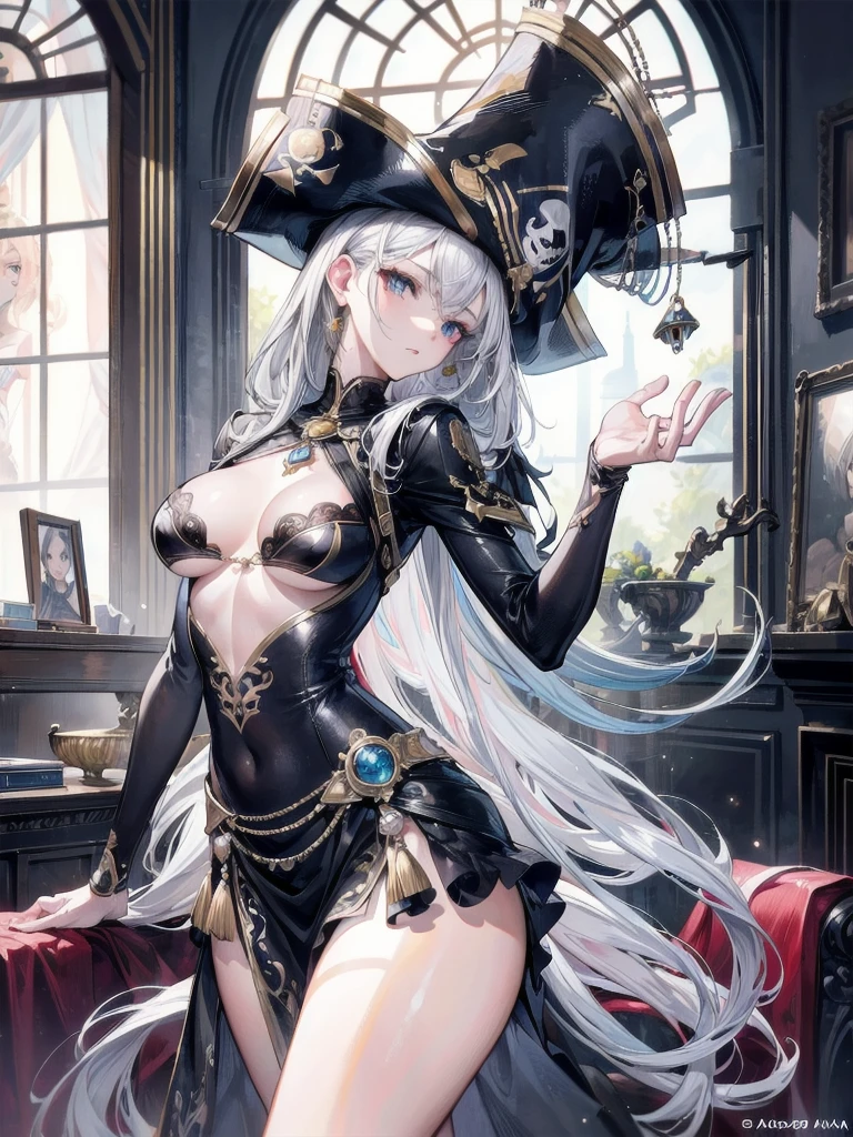 absurdres, RAW photo, extremely delicate and beautiful, masterpiece, Best Quality, ultra high resolution, 32k, hyperrealistic, ultra-detailed, perfect anatomy, anatomically correct, perfect figure, Perfect Style, Perfect balance, super Detailed skin, in her 30s, very Slim body, narrow waist, very small head, very small face, delicate facial features, handsome detailed woman, very detailed eyes and face, realistic face proportions, Realistic beautiful face, Realistic beautiful eyes, tearful mole, earring, big tits, full body shot, bare legs, medium hair, indoor, Legendary Pirate costume, Practical pirate clothing, Long-sleeved pirate top, Skirt, shirt, Torn pirate hat,